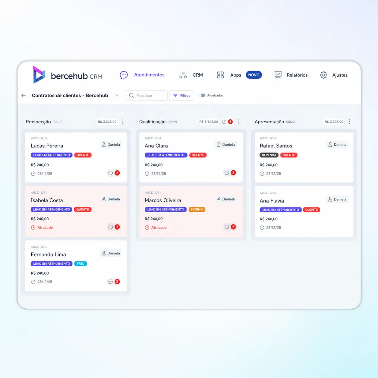 CRM da Bercehub em kanban