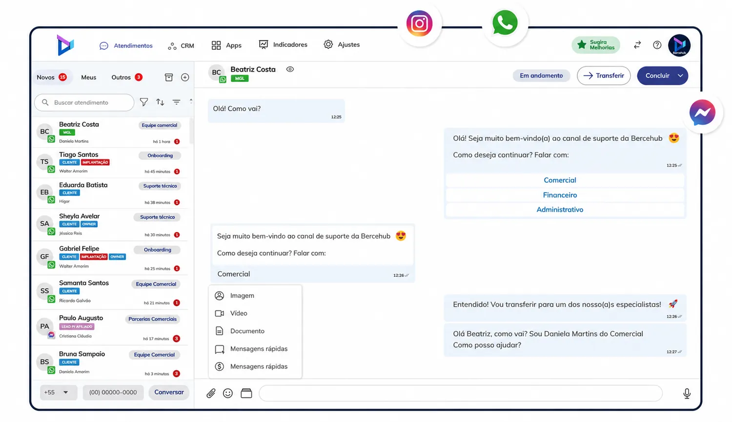 Inbox de atendimento omnichannel da Bercehub